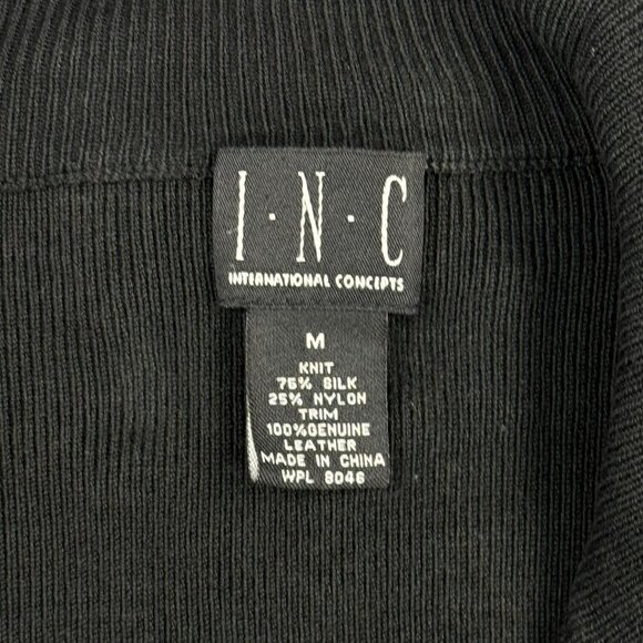 INC Full Zip Sweater Leather Trim Shoulder Buckle Moto Steam Punk Silk Nylon M - Picture 3 of 6